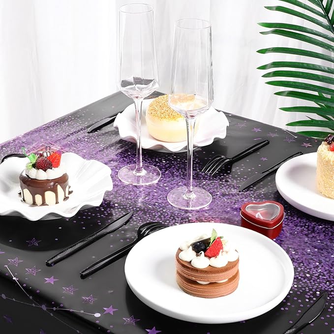 Tudomro 3 Pcs Happy Birthday Tablecloths Happy Birthday Party Decorations Plastic Table Cover Rectangular Cloths for Women Men Baby Shower Party Supplies, 108 x 54 Inch (Black Purple)