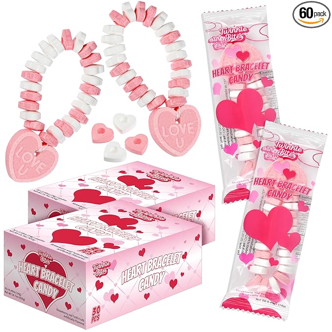 60 Pack Valentines Day Bracelet Candy – Individually Wrapped Holiday Themed Love Heart Candies – Strawberry, Tutti Frutti Delicious Flavors – Bulk Valentine Candy's Great Use, For Kids Party Favor, Classrooms Partys, Goodie Bags