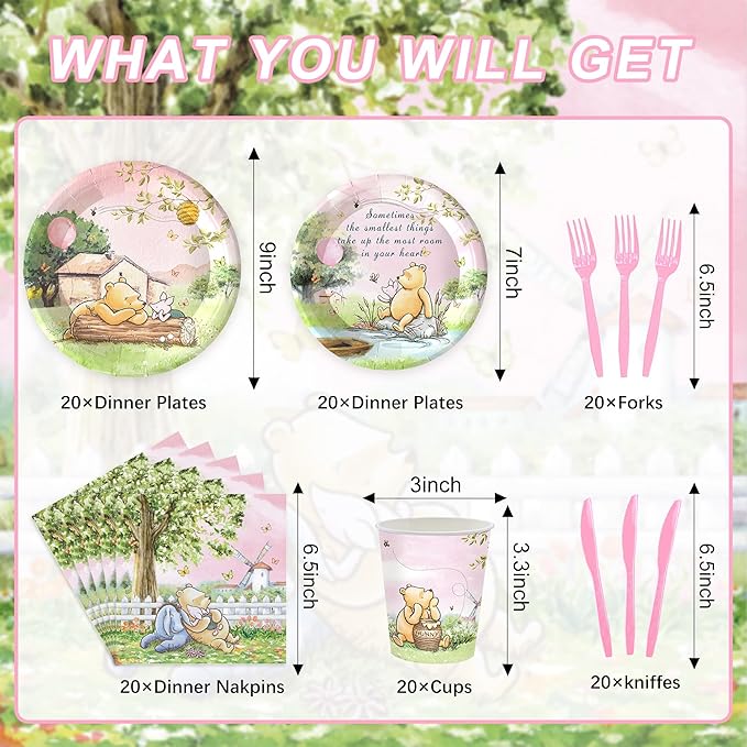 120PCS Pink Classic Winnie Bear Party Supplies Babyshower 1st Party Decorations for Kids Girls Birthday Neutral Bear Plates Napkin Cups Tableware Set for 20 Guests