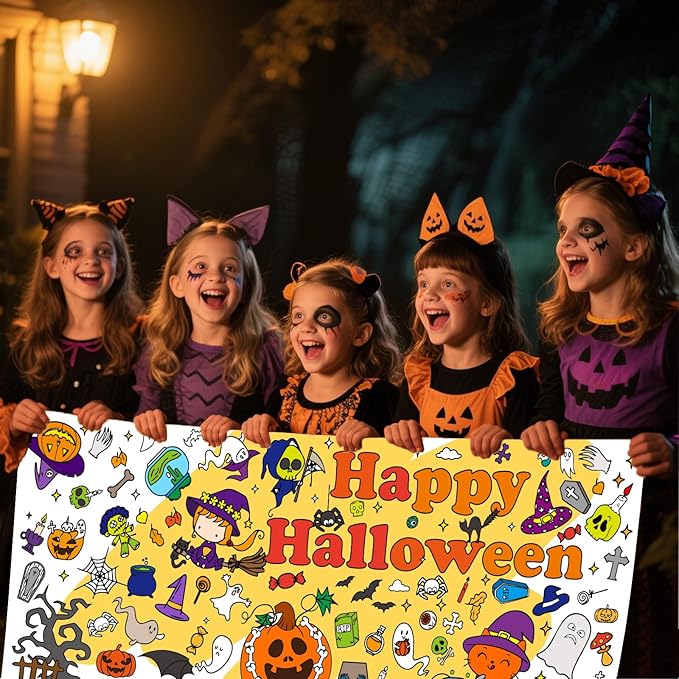 Halloween Giant Coloring Poster 30x72Inch Pumpkin Ghost Versatile Paper Coloring Banner/Table Cover DIY Art Crafts Mat,for Kids Halloween Decor Large Coloring Activity Poster Home Classroom Wall Party