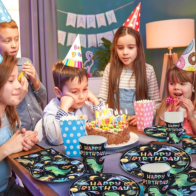 168PCS Dinosaur Party Supllies for Boys Cartoon Dino Birthday Party Decorations with Space Astronauts Planet,Dinosaurs Plates Cups Napkins Tableware -24 Guests