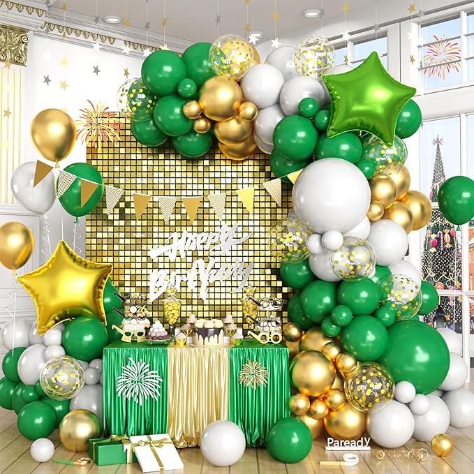 Green Gold White Balloons Arch Kit with Star Balloon Pennant Flag Bunting 2025 Foil Balloon Banner Green Gold Confetti Balloons Garland for Class of 2025 Graduation Theme Birthday Party Supplies