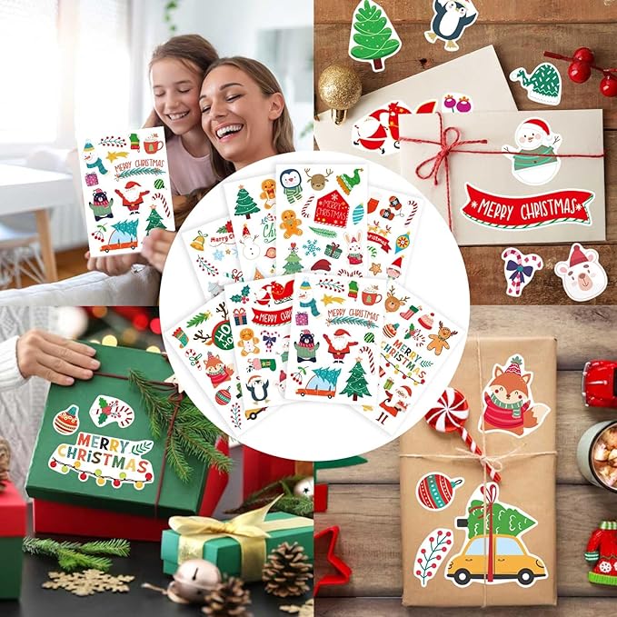 16 Sheets Christmas Theme Stickers, Merry Christmas Stickers Non-Repeating, Xmas Winter Holiday Party Stickers, Christmas Goodie Bag Fillers Christmas Party Favors Decorations