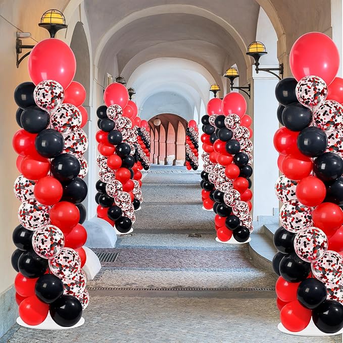 2 Sets Red and Black Balloon Column Stand Kit with 100 Balloons Adjustable Balloon Tower Stand with Bases for Floor Confetti Balloons Column Kit for Graduation Birthday Appreciation Party Decor