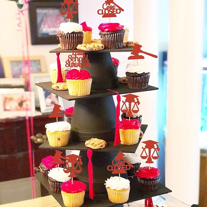 Gyufise 24Pcs 2026 Lawyer Graduation Cupcake Toppers Red Glitter Class Of 2026 Lawyer Grad Case Closed Cake Toppers Cap Diploma Cupcake Picks 2026 Graduation Theme Party Cake Decorations Supplies