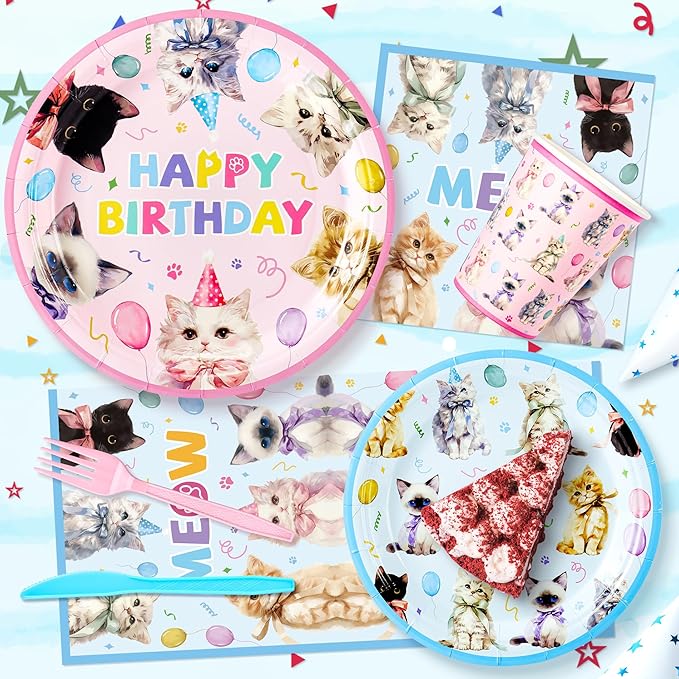 Cats Happy Birthday Party Plates Set, 144PCS Cats Themed Paper Plates Napkins Cups Knives Forks, 24 Set Blue Pink Disposable Tableware Set for Birthday Party Supplies