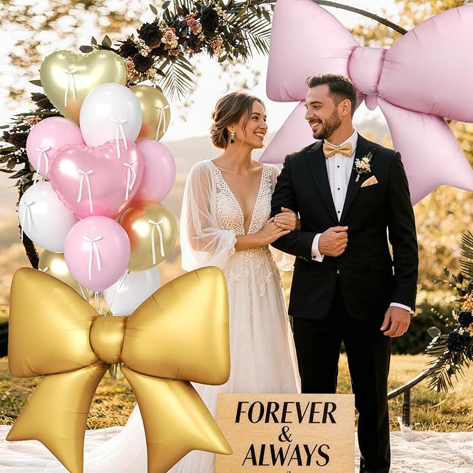 16Pcs Pink and Gold Heart Balloons, 38 Inch Pink Bow Balloon, Champagne Gold Pink White Balloon and Bow Heart Shaped Foil Balloons for Birthday Wedding Bridal Baby Shower Valentines Day Decorations