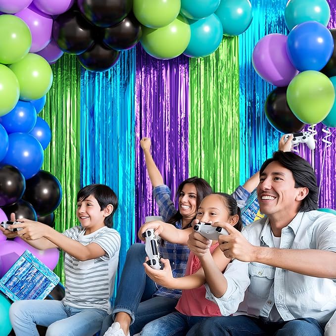 Video Game Balloon Arch Garland Kit Birthday Party Decorations, Purple Blue Green Foil Fringe Curtains Backdrop Tinsel Streamer Photo Booth Props for Gaming Theme Party Decor Supplies Favors