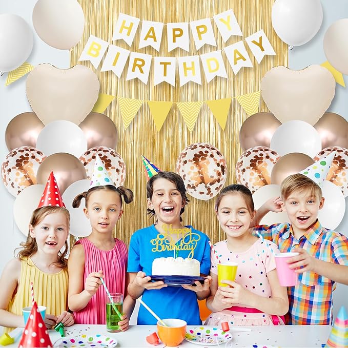 White Sand Gold Birthday Decorations,Happy Birthday Banner with Beige Cream Balloon Heart Foil Balloons Gold Fringe Curtain for Women Men Boho Baby Shower Party Decor