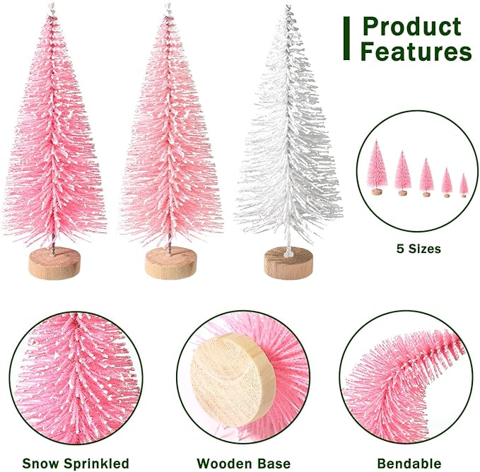30Pcs Mini Christmas Trees Artificial Christmas Tree Bottle Brush Trees with Wooden Base for Christmas Decor Christmas Party Home Table Craft Decorations(Pink+White)