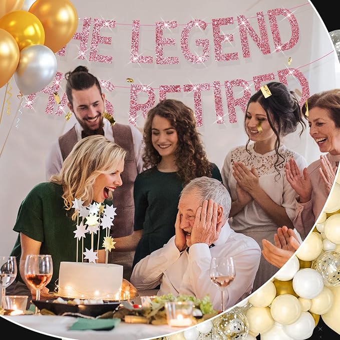 The Legend Has Retired Banner Rose Gold Glitter Pre-Strung No DIY Retirement Banner Decorations for Men Women Retirement Party Supplies(Rose Gold)