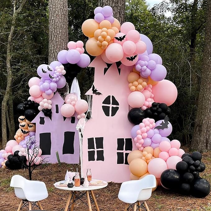 Halloween Balloon Garland Arch Kit, Black Purple Pink Halloween Baby Shower Latex Balloons with 3D Bat Ghost Witch Mylar Foil Balloons Set for Happy Halloween Birthday Decoration Indoor Outdoor