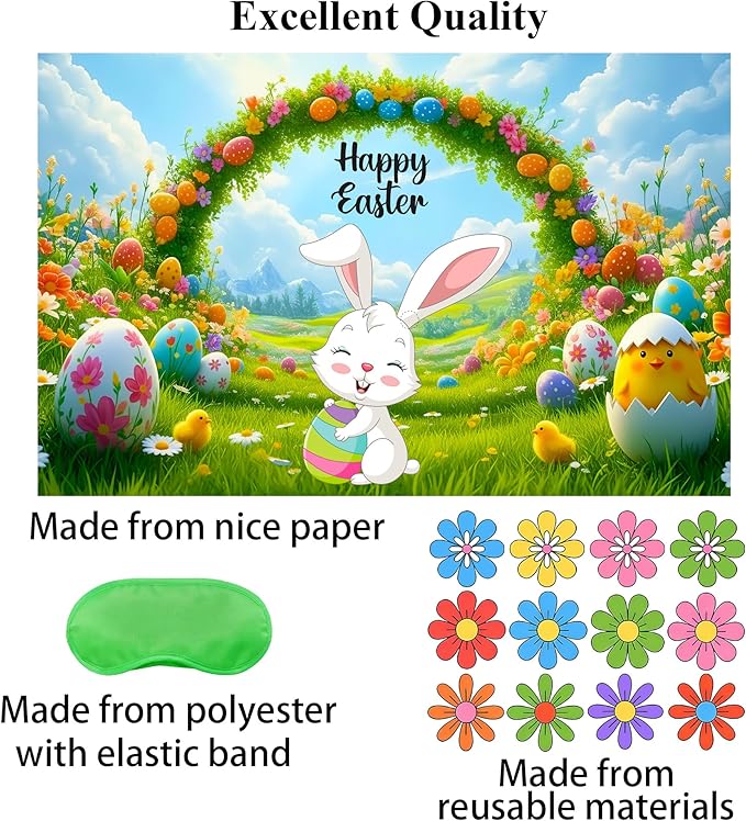 Pin The Flower on The Bunny Easter Games Easter Party Games Easter Rabbit Game with Reusable Stickers Egg Hunt Activities Party Favors Supplies