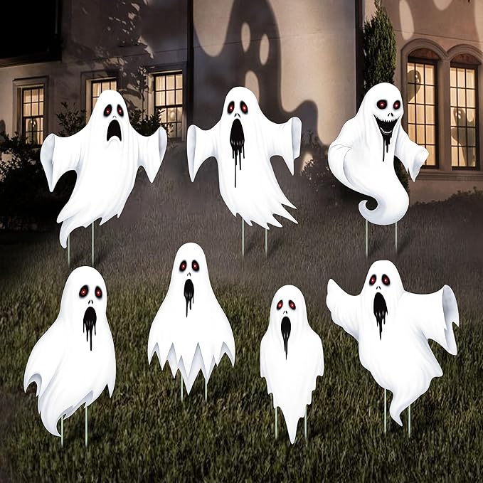 7 Pack Ghost Halloween Yard Signs, Large Halloween Yard Decorations with Stakes, Waterproof Scary Outdoor Holiday Ghost Decor for Yard Lawn Garden, 16” Big Size