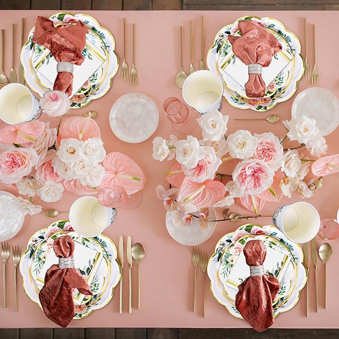 Whaline 100Pcs Pink Floral Paper Tableware Set Spring Flower Gold Foil Disposable Dinnerware Scalloped Plates Napkins and Cups for Wedding Birthday Baby Bridal Shower Party Supplies Table Decor