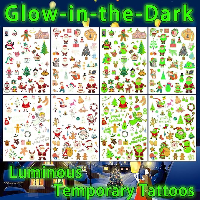 Christmas Party Favors for Kids - 128PCS Luminous Christmas Tattoos Glow in the Dark Goodie Bag Stocking Stuffers, Xmas Temporary Tattoos Party Supplies Decorations for Kids | 4 Sheets (6 x 8.2 inch)