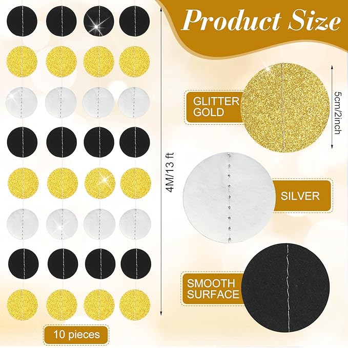 Syhood 10 Pcs Party Decorations Paper Dot Circle Garlands Glitter Streamers Hanging Banner Decor for New Year Baby Shower Wedding Birthday Backdrop Supplies (Black Gold and Silver)