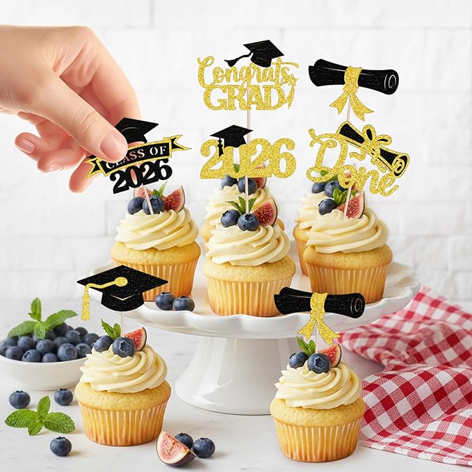 2026 Graduation Cupcake Toppers, 36 pack Gold Glitter Class of 2026 Congrats Grad Diploma Graduation Cap Cupcake Picks for 2026 Graduation Party decorating Supplies