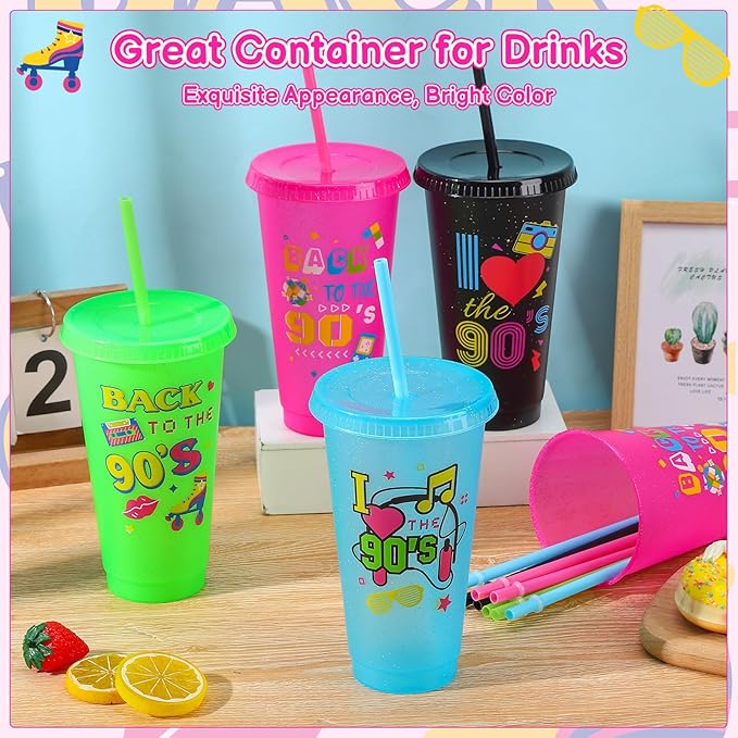 12 Pcs 90s Party Cups with Lids and Straws, 24OZ 90s Theme Party Decorations Drinking Cups Bulk for Retro Music Party Supplies Throwback Dance Birthday Party Supplies