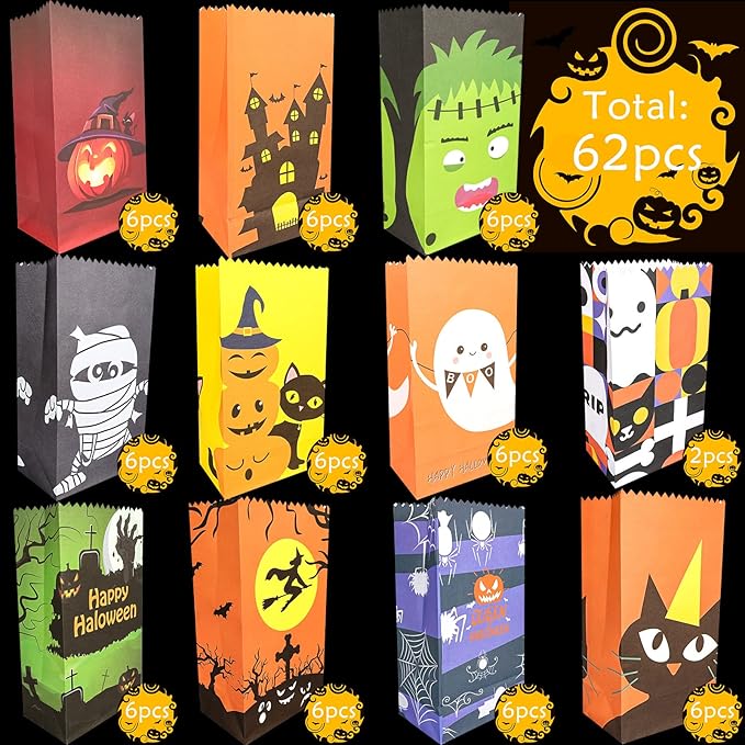 PQZYJJ 62 Pack Halloween Treat Bags With 72pcs Stickers - Trick or Treat Goodie Gift Bags for Kids Party Favor