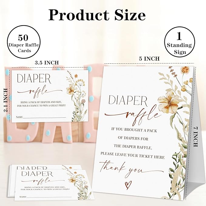 Boho Floral Diaper Raffle Game, Diaper Raffle Tickets for Baby Shower, Gender Neutral Tickets for Baby Shower Party Favor Decorations Supplies (1 Sign + 50 Cards)