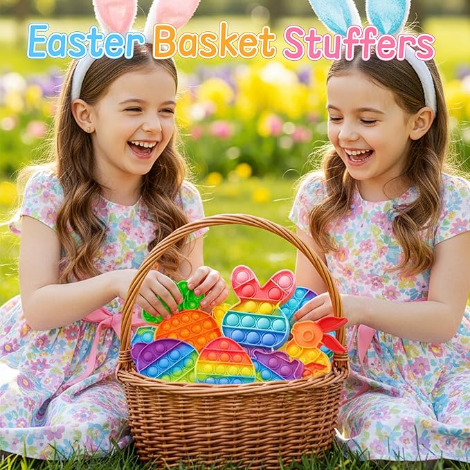 Easter Bubble Fidget Toys, Kids Girls Boys Cute Bunny Sensory Toy Basket Stuffers Toddler Adult Stress Relief Silicone Autism Fidgets Birthday Gifts for Travel Cars Classroom Party Office