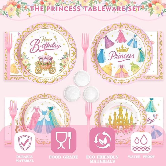 300 Pcs Princess Paper Plates Napkins, Birthday Party Supplies Include Forks Cups Straws, Summer Party Tableware Set for Kids, Serves 50 Guests