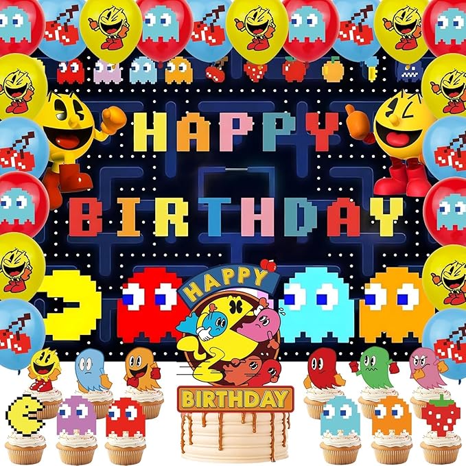 Pac Ghost Birthday Party Decoration, Include Game Party Backdrop 5 x 3 FT, Latex Balloons, Cake Topper for Pacman Theme Kids Fans Birthday Party