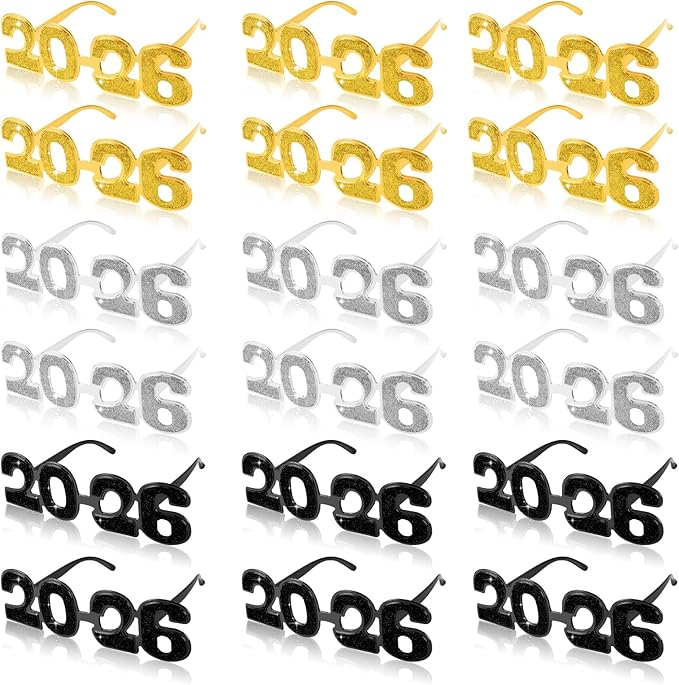 2026 Plastic Glasses Happy New Year Glitter Eyeglasses for 2026 Party New Year Eve Costume Photo Prop Supplies