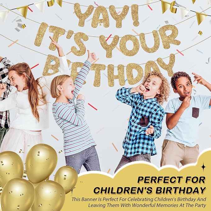 Fulmoon Pre Strung Yay It's Your Birthday Banner Glitter Happy Teen Boys Teen Girls Adult Banner Glitter Funny Birthday Party Decorations(Champagne Gold)