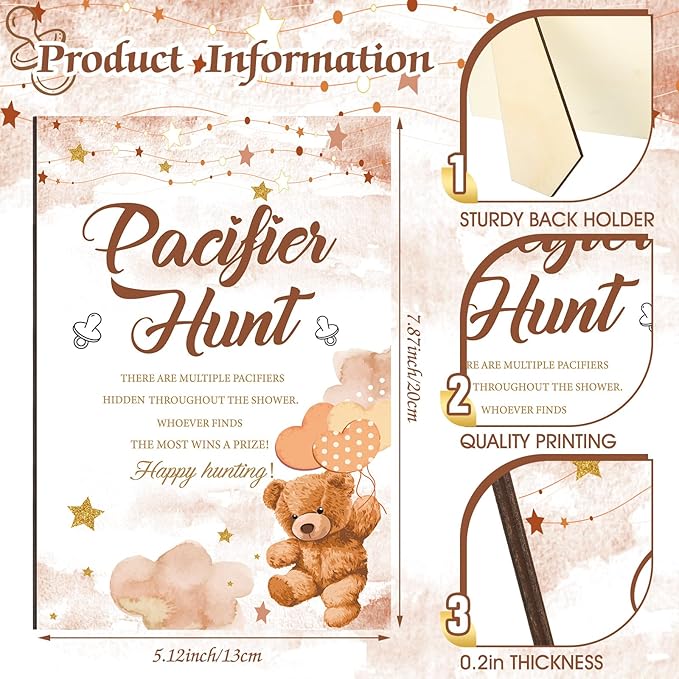 Thyle 51 Pcs Brown Bear Pacifier Hunt Baby Shower Games Bear Themed Baby Shower Game Decoration Include Hunt Sign and 50 Acrylic Pacifiers Gift Sets for Gender Reveal Newborn Announcement Party Decor