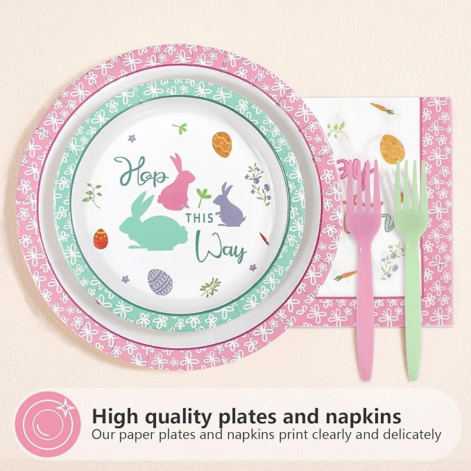 96Pcs Happy Easter Plates and Napkins Bunny Egg Disposable Easter Plates Egg Bunny Colorful Disposable Easter Paper Tableware Set for Happy Easter Spring Celebrations Birthday Party Supplies Serves 24