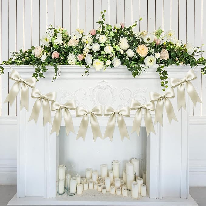 2 Strings of 16PCS Ivory White Bow Garland Banner Decoration,Pre-Strung Satin Ribbon Ornaments for Birthday,Bachelorette Party,Bridal Shower,Wedding,Engagement,Baby Shower,Graduation Decor,Anniversary