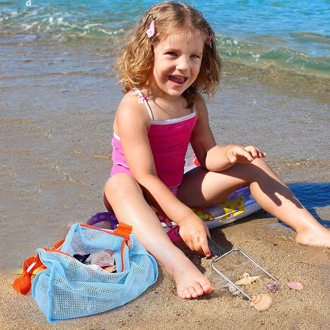 Vodolo Beach Mesh Shovel with Mesh Beach Bag for Shell Collecting, Kids Filter Sand Scooper for Picking Up Shells, Shark Tooth Sifter Dipper for Boys and Girls, Toy