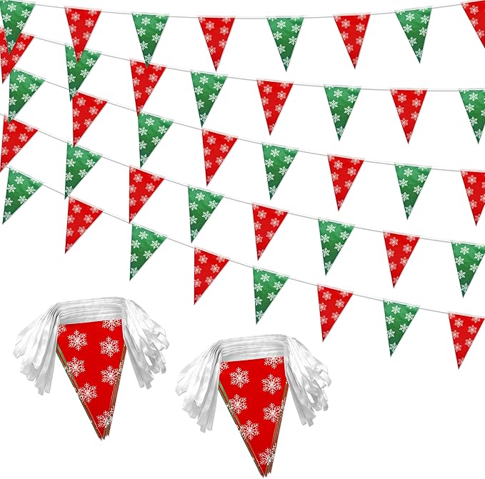 100 Feet Red Green Christmas Pennant Banner Flags String Triangle Bunting Garland with White Snowflakes for Christmas Tree Indoor Outdoor Shops Hanging Decoration,60 Pcs