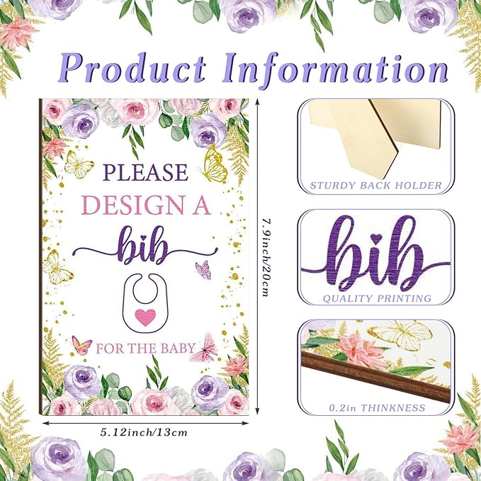 50 Pcs Baby Shower Game White Bib Kit Include 1 Wooden Baby Shower Game Sign 25 DIY Blank White Bibs 24 Colorful Markers(Butterfly)