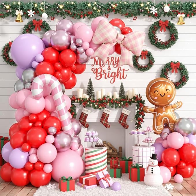 Christmas Balloon Arch Kit, Red Pink Purple Metallic Silver Balloons with Gingerbread-Style Foil,Bow Foil,Pink Candy Cane Balloons for Girl Birthday Party Decorations Baby Shower Backdrop
