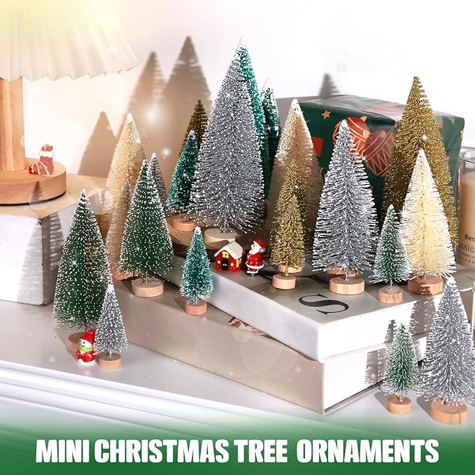 30Pcs Mini Christmas Trees Artificial Christmas Tree Bottle Brush Trees with Wooden Base for Decor Christmas Party Home Table Craft Decorations(Multicolor)