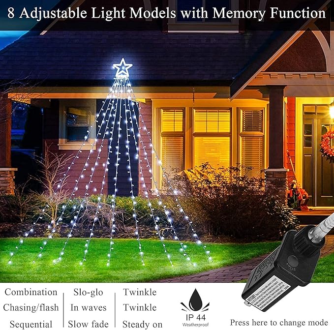 Christmas Decoration LED Star String Lights, Christmas Star String Lights with 317 LED Hanging Fairy Curtain Lights for Party Wedding Patio Indoor Outdoor Decorative