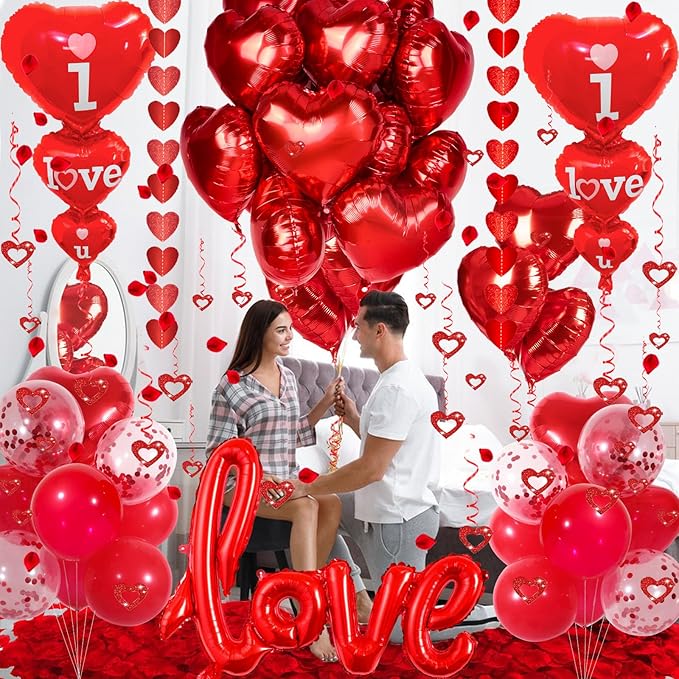 Valentines Day Decorations Set, I Love You Balloons and Red Heart Balloons With Fake Rose Petals for Valentines Day Party Wedding Anniversary Engagement Decor
