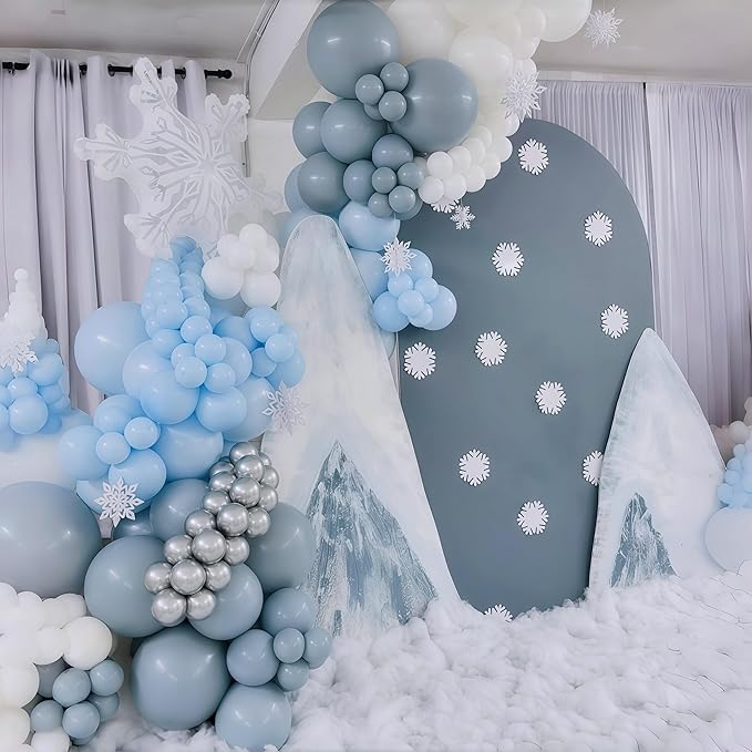 Baby Blue White Winter Wonderland Balloons, 60PCS Dusty Blue and White Metallic Silver Snowflakes Balloons for Ice Snow Wonderland Wedding Birthday Baby Shower Christmas New Year’s Party Decorations