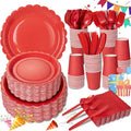 LIYH 350 Pcs Red Paper Plates and Napkins Set for 50 Guest, Disposable Paper Plates Include Red Scalloped Plate Cocktail Napkins Cups Cutlery for Birthday Party