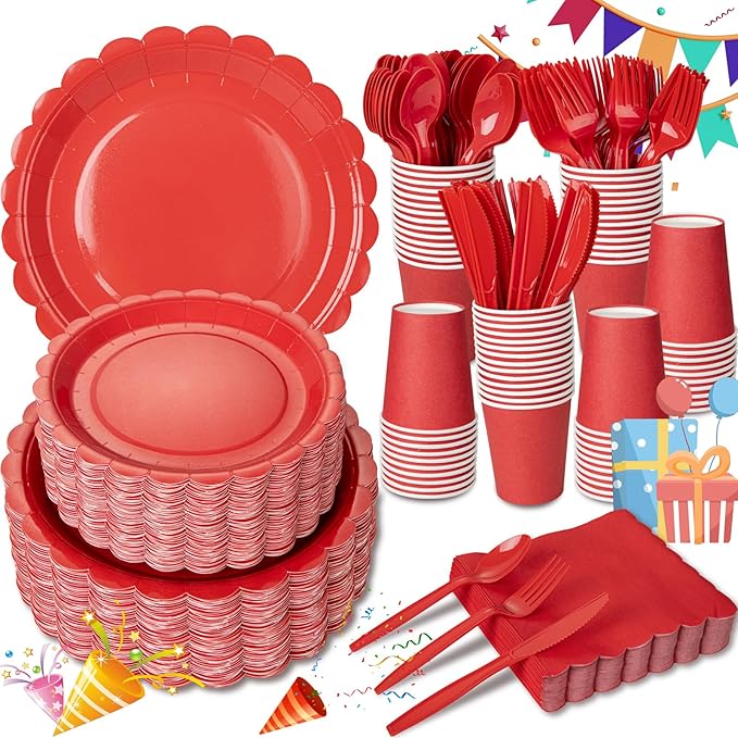 LIYH 350 Pcs Red Paper Plates and Napkins Set for 50 Guest, Disposable Paper Plates Include Red Scalloped Plate Cocktail Napkins Cups Cutlery for Birthday Party
