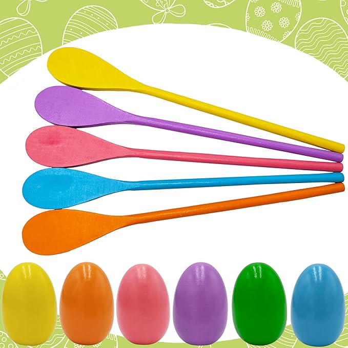 12 Wooden Easter Eggs and 12 Wooden Spoon Race Game Set, 12 Sets, Multi-Player Carnival Game for Kids & Family Activity Holiday Outdoor Yard Easter Egg Hunt Birthday Party Lawn Games
