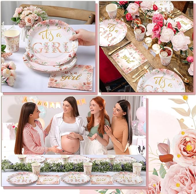 200 Pcs Floral Baby Shower Paper Plates Napkins Cups Baby Shower Party Supplies Tableware Set Rose Gold Disposable Cup Napkin for 50 Guest Girls Spring Party Decoration