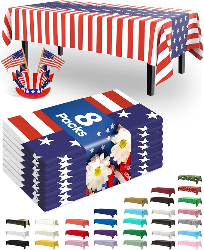 Pureegg 4th of July USA 250th Anniversary Plastic Tablecloth Disposable 8 Pack, Patriotic American Flag Rectangle Table Cover 54 x 108 Inch, Table Cloth for Independence Day BBQ Picnic Party