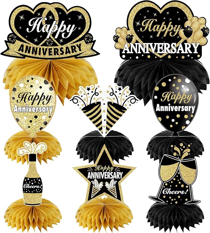 8Pcs Happy Wedding Anniversary Decorations Table Honeycomb Centerpieces, Anniversary Theme Party Supplies for Adult, Black Gold 10th 20th 30th 40th 50th 60th Anniversary Table Sign Decor