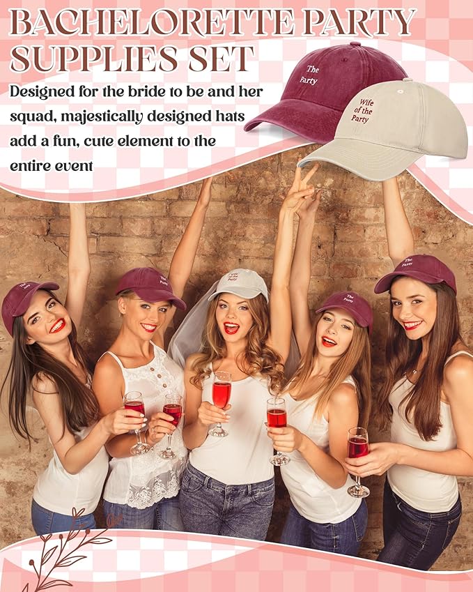 8 Pack Adjustable Bachelorette Hat, 1 Wife of The Party Cap and 7 The Party Cap for Bridesmaid Bride Wedding Gift