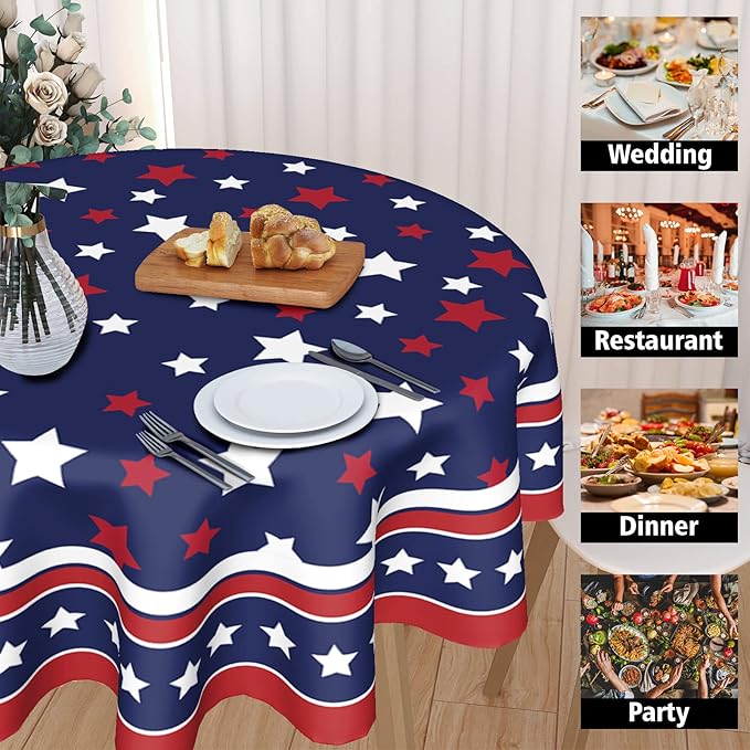 4th of July Tablecloth Round 70 Inch Patriotic Independence Day American Flag Table Cloth Washable Navy Blue Memorial Day Table Cover for Kitchen Dinner Room Holiday Picnic Party Indoor Outdoor Decor
