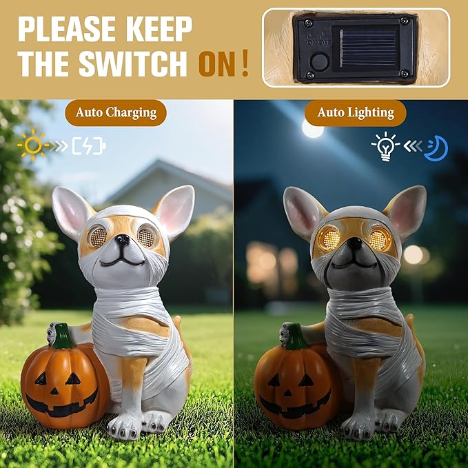 Halloween Decorations, Halloween Dog Statue Holding Pumpkin, with 360°Rotating Glowing Eyes and Solar Power,Outdoor Dog Statue for Front Door Porch, Yard, Lawn, Garden &Spooky Gifts